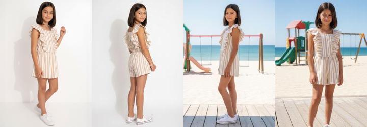 Macac�o Menina Listrado Bege