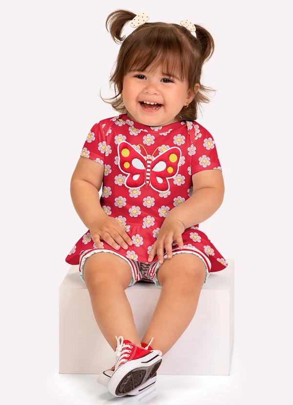Kyly - Macaquinho Bebê Menina Bordado Vermelho
