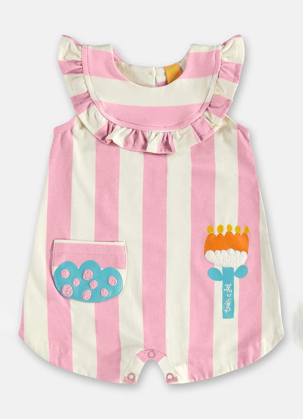 Três e Já - Macaquinho Bebê Menina em Cotton Branco 2