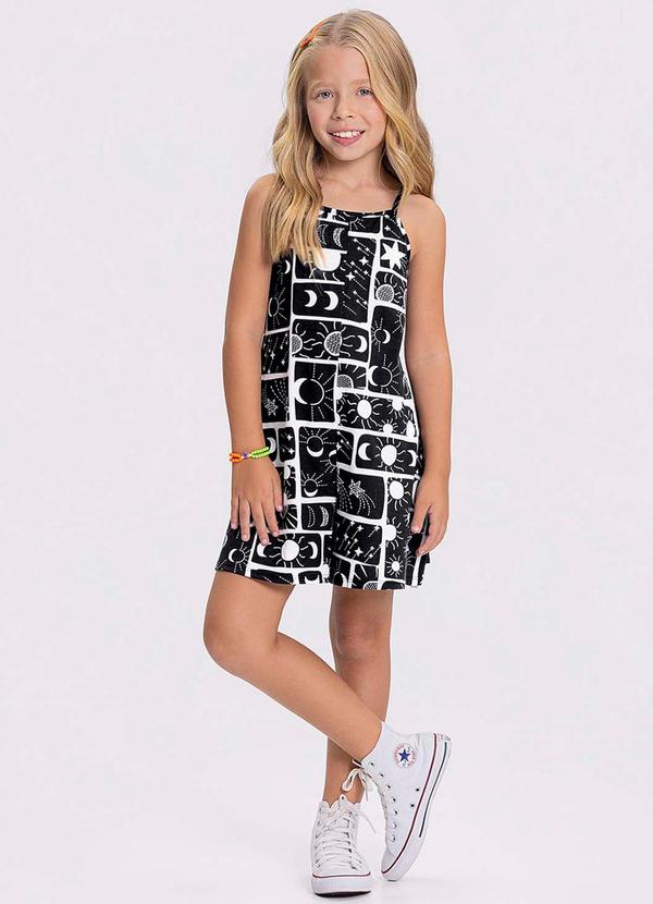 Alakazoo - Macaquinho Estampado Menina Alças Finas Preto