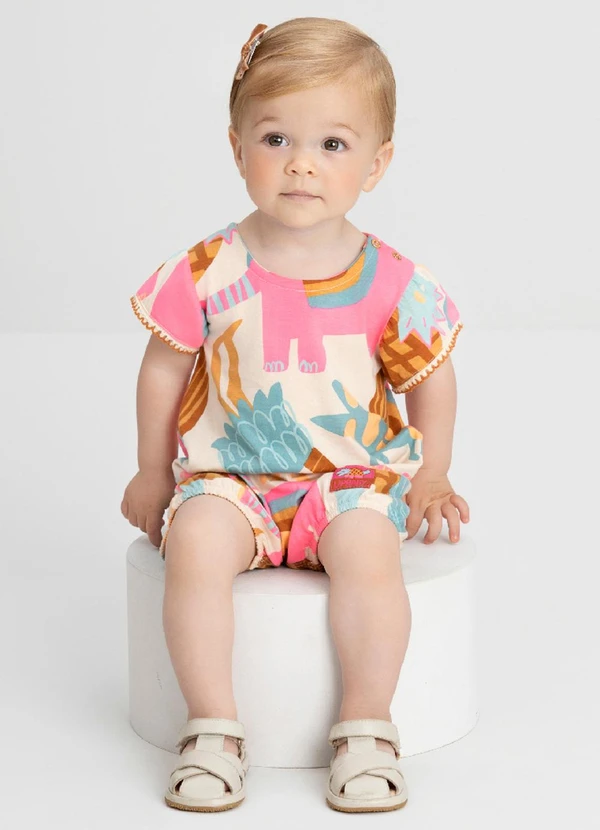 Up Baby - Macaquinho Estampado para Bebê Menina Up Baby Bege