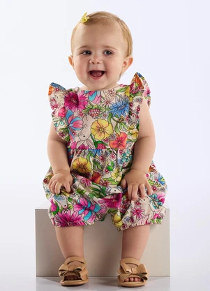 Up Baby - Macaquinho Floral Bebê Menina Branco - UP BABY