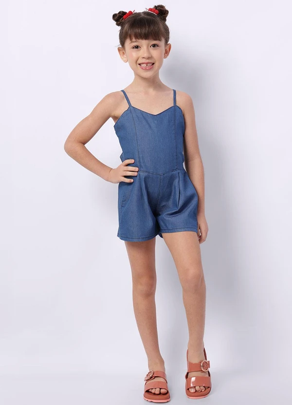 Torra - Macaquinho Jeans Infantil Alcinha Recortes Azul