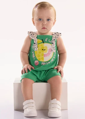 Três e Já - Macaquinho para Bebê em Meia Malha Verde - TRÊS E JÁ