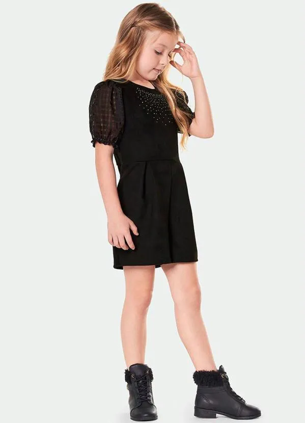 Marisol - Macaquinho Suede Manga Curta Menina Preto