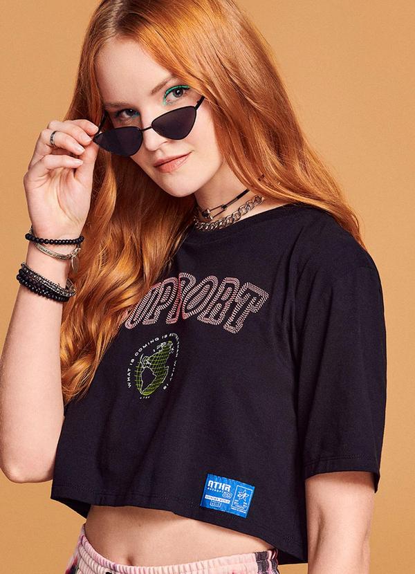 Authoria - Blusa Cropped Feminino Oversized Planet Preto