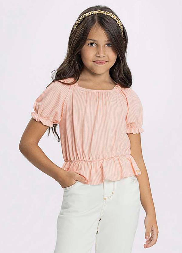 Alakazoo - Blusa de Mangas Bufantes em Malha Listrada Rosa