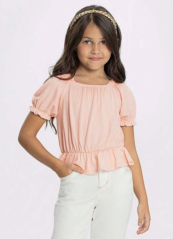 Alakazoo - Blusa de Mangas Bufantes em Malha Listrada Rosa