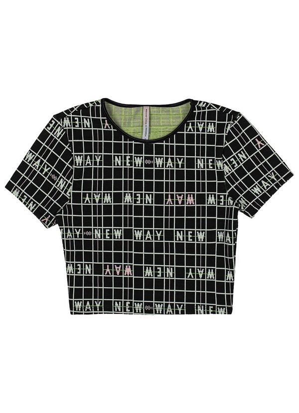 I Am - Blusa Manga Curta de Jacquard Xadrez Preto