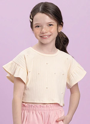 Milli e Nina - Blusa Menina em Canelado Maquinetado Bege - MILLI E NINA