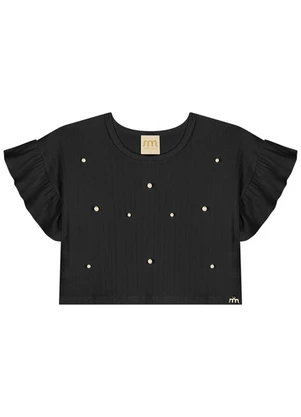 Milli e Nina - Blusa Menina em Canelado Maquinetado Preto - MILLI E NINA
