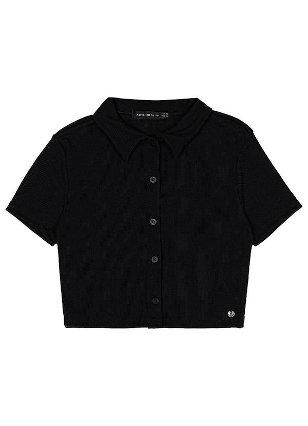 Authoria - Blusa Polo Feminino Manga Curta Canelada Preto