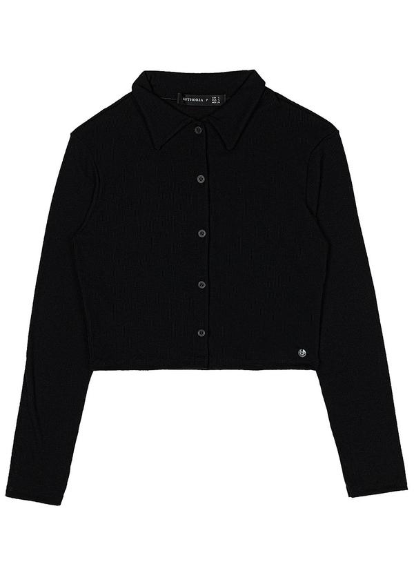 Authoria - Blusa Polo Feminino Manga Longa Canelada Preto