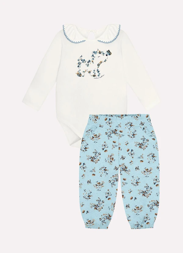 Milon - Conjunto Bebê Menina Flores Off White