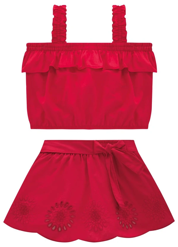 Milon - Conjunto Infantil Menina Bordado Vermelho