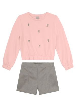 Mundi - Conjunto Infantil Menina com Bordado Fino Rosa - MUNDI