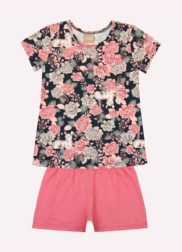 Milon - Conjunto Infantil Menina Flores Cinza