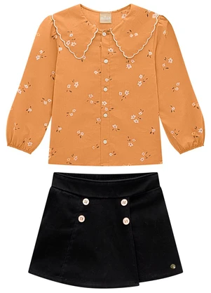 Milon - Conjunto Infantil Menina Flores Marrom - MILON