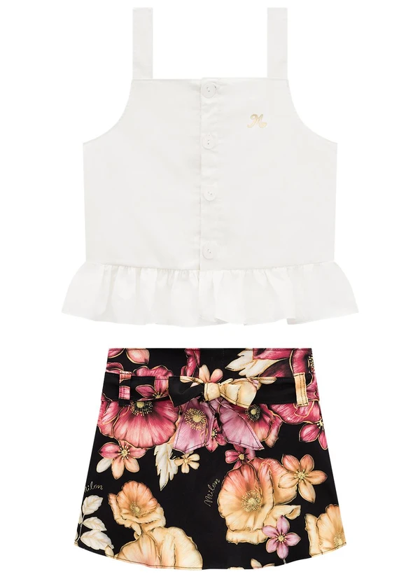 Milon - Conjunto Infantil Menina Flores Off White