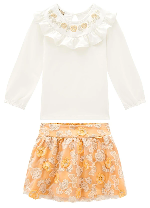 Milon - Conjunto Infantil Menina Flores Off White