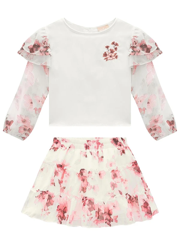 Milon - Conjunto Infantil Menina Flores Off White