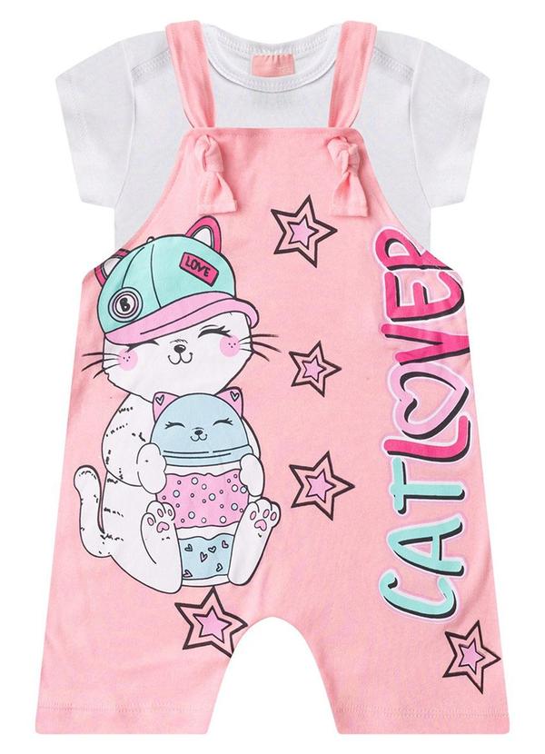 Rosa Azul - Jardineira + Body Bebê Menina Gatinha Rosa