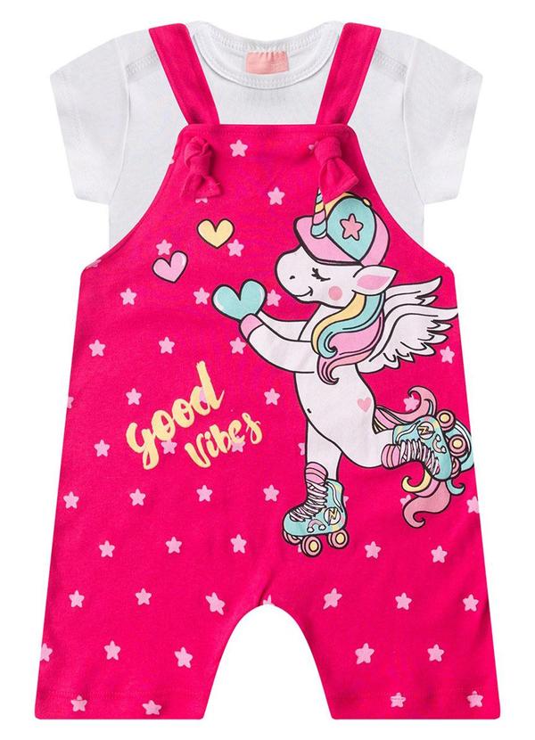 Rosa Azul - Jardineira + Body Bebê Unicórnio Pink