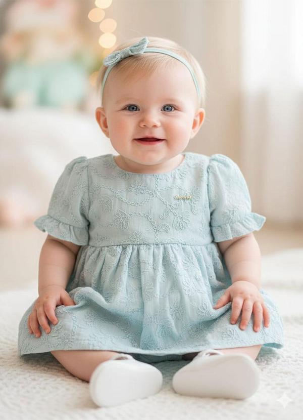 Amada - Vestido Franzido em Voil Bordado Azul