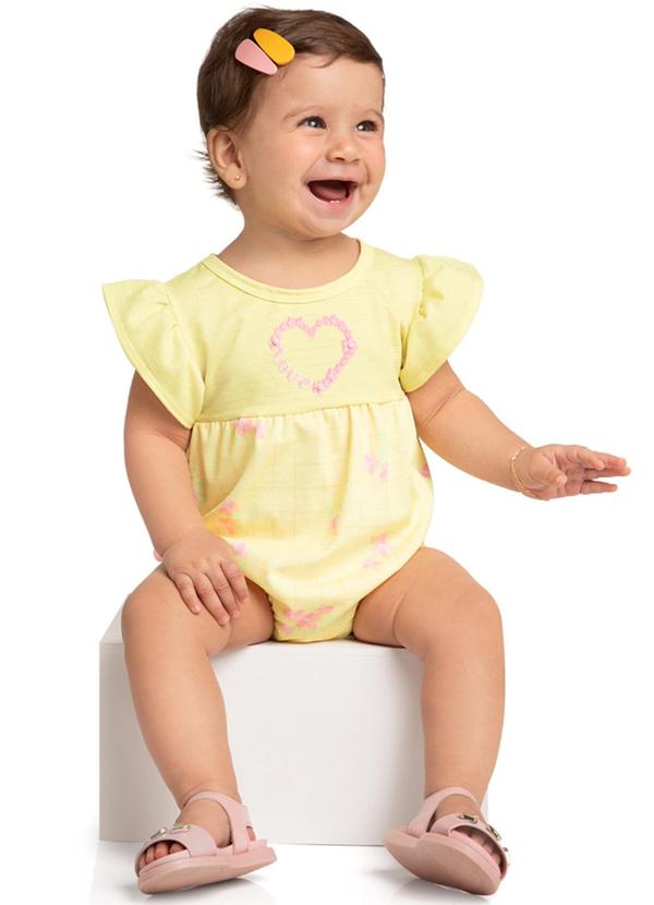 Marlan - Macacão Bebê Banho de Sol Grid Floral Amarelo