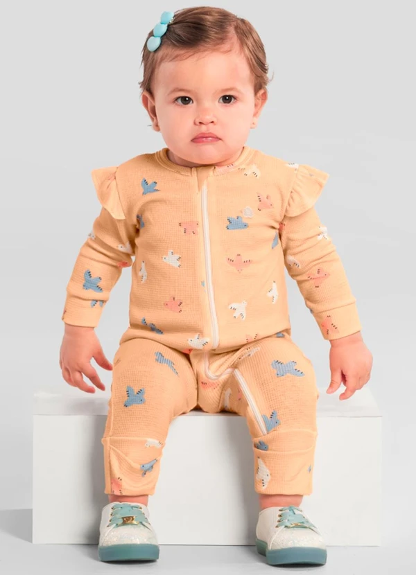 Brandili - Macacão Bebê Menina de Passarinho Laranja