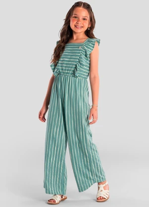 Brandili - Macacão Infantil Menina Listrado Verde - BRANDILI