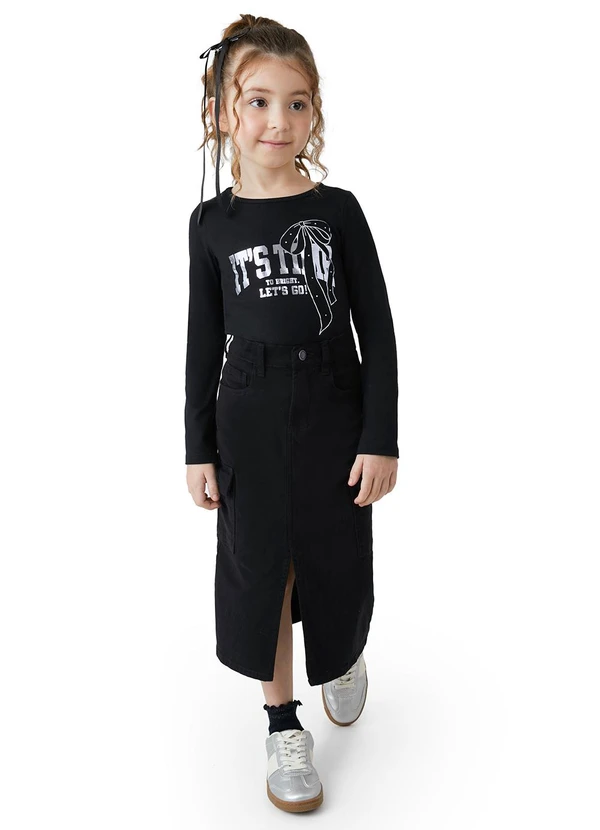 Carinhoso - Saia Midi Evasê em Sarja Preto 2