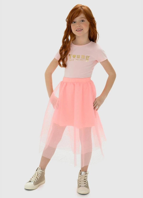 Carinhoso Saia Rosa Midi Camadas em Tule