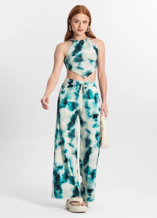 Minty - Calça Juvenil Pantalona Ribana Canelada Tie Die Verde
