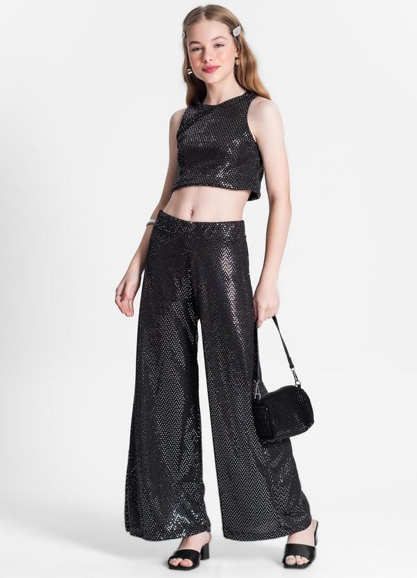 Minty - Calça Juvenil Wide Leg em Lantejoulas Preto 5
