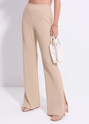 Cativa You - Calça Pantalona em Canelado Bege - CATIVA YOU