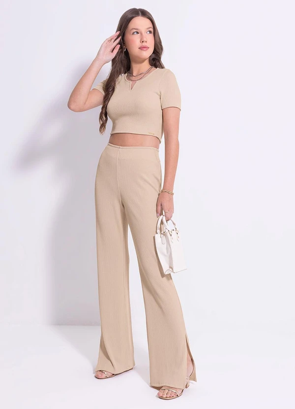 Cativa Teen - Calça Pantalona em Canelado Bege 1