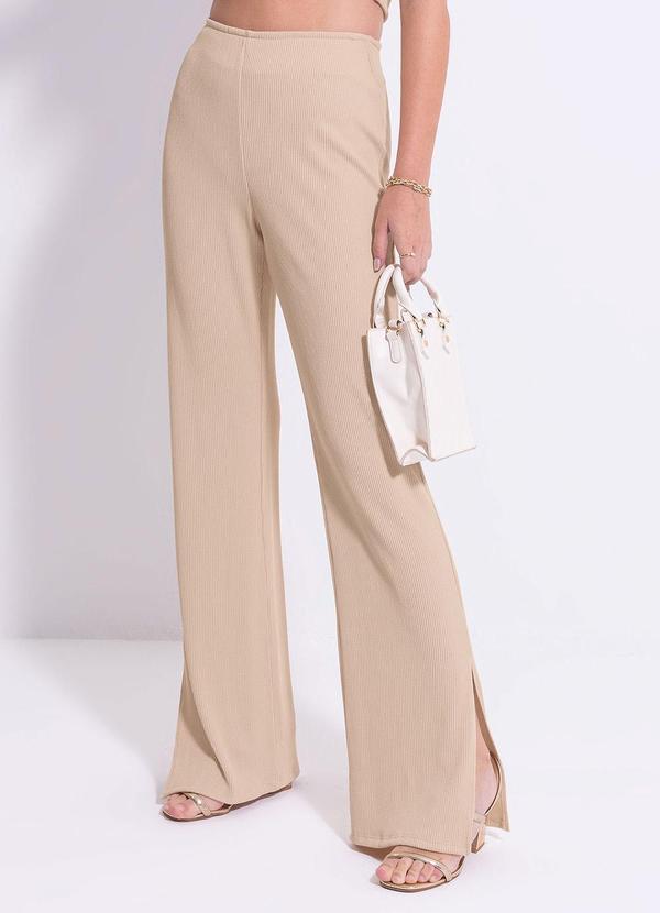 Cativa Teen - Calça Pantalona em Canelado Bege 2