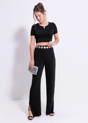 Cativa Teen - Calça Pantalona em Canelado Preto - CATIVA TEEN