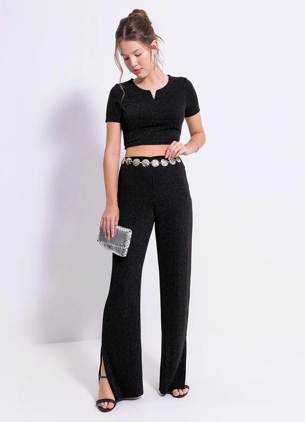 Cativa Teen - Calça Pantalona em Canelado Preto