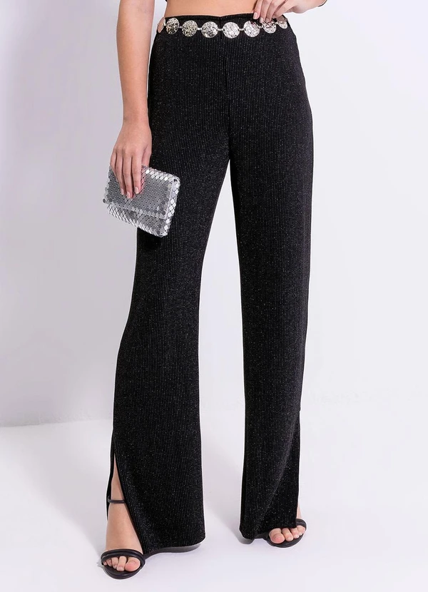 Cativa Teen - Calça Pantalona em Canelado Preto 2