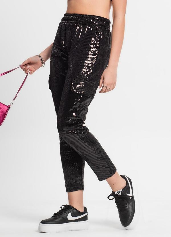 Minty - Calça Reta Juvenil em Paetê Preto