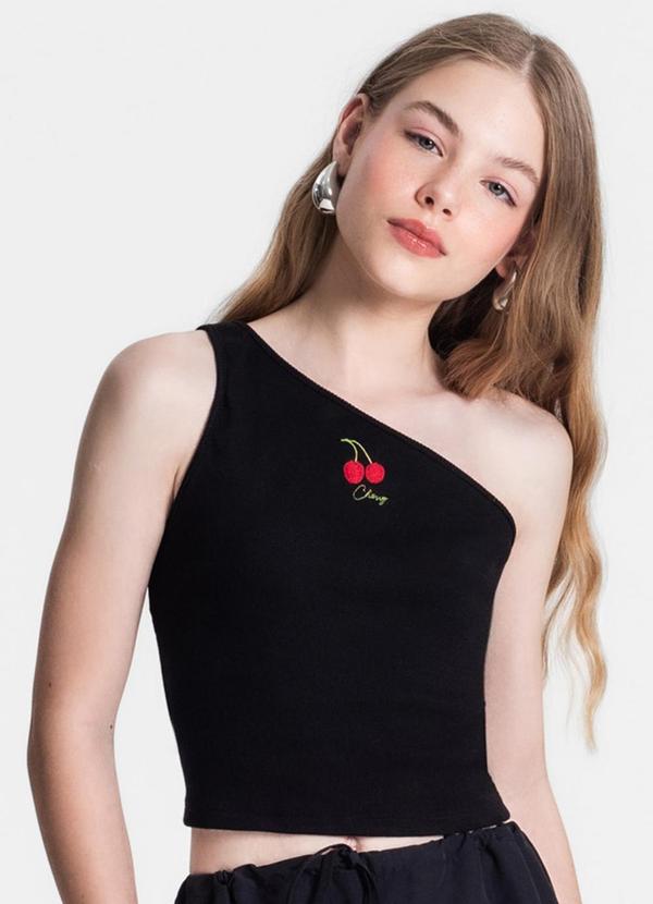 Minty - Cropped Juvenil Feminino um Ombro Só Preto