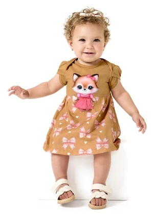 Kyly - Vestido com Calcinha Bebê Menina Bordado Bege - KYLY