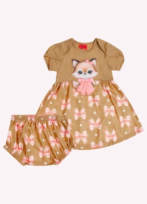 Kyly - Vestido com Calcinha Bebê Menina Bordado Bege - KYLY