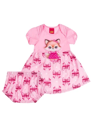 Kyly - Vestido com Calcinha Bebê Menina Bordado Rosa - KYLY