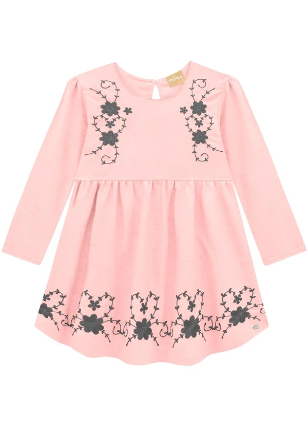 Milon - Vestido Infantil Menina Bordado Rosa