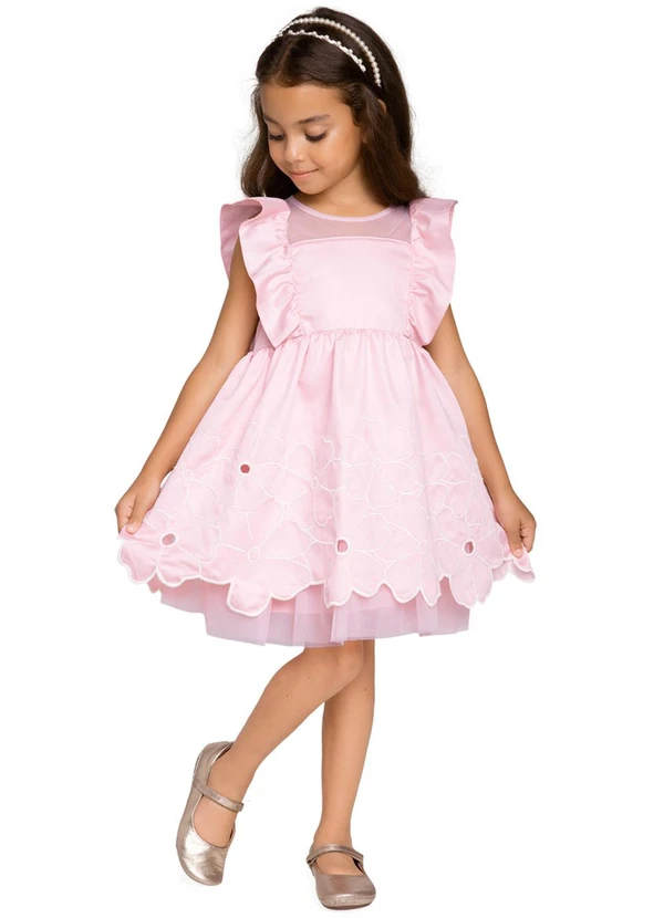 Milon - Vestido Infantil Menina Bordado Rosa 1