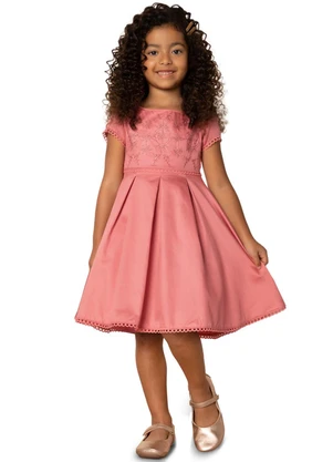 Milon - Vestido Infantil Menina Bordado Rosa - MILON