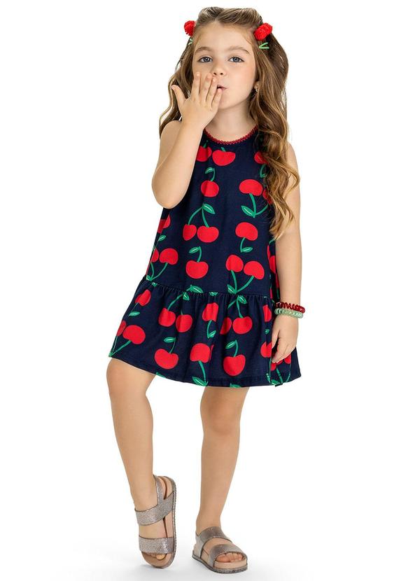 Kyly - Vestido Infantil Menina Cereja Azul Marinho